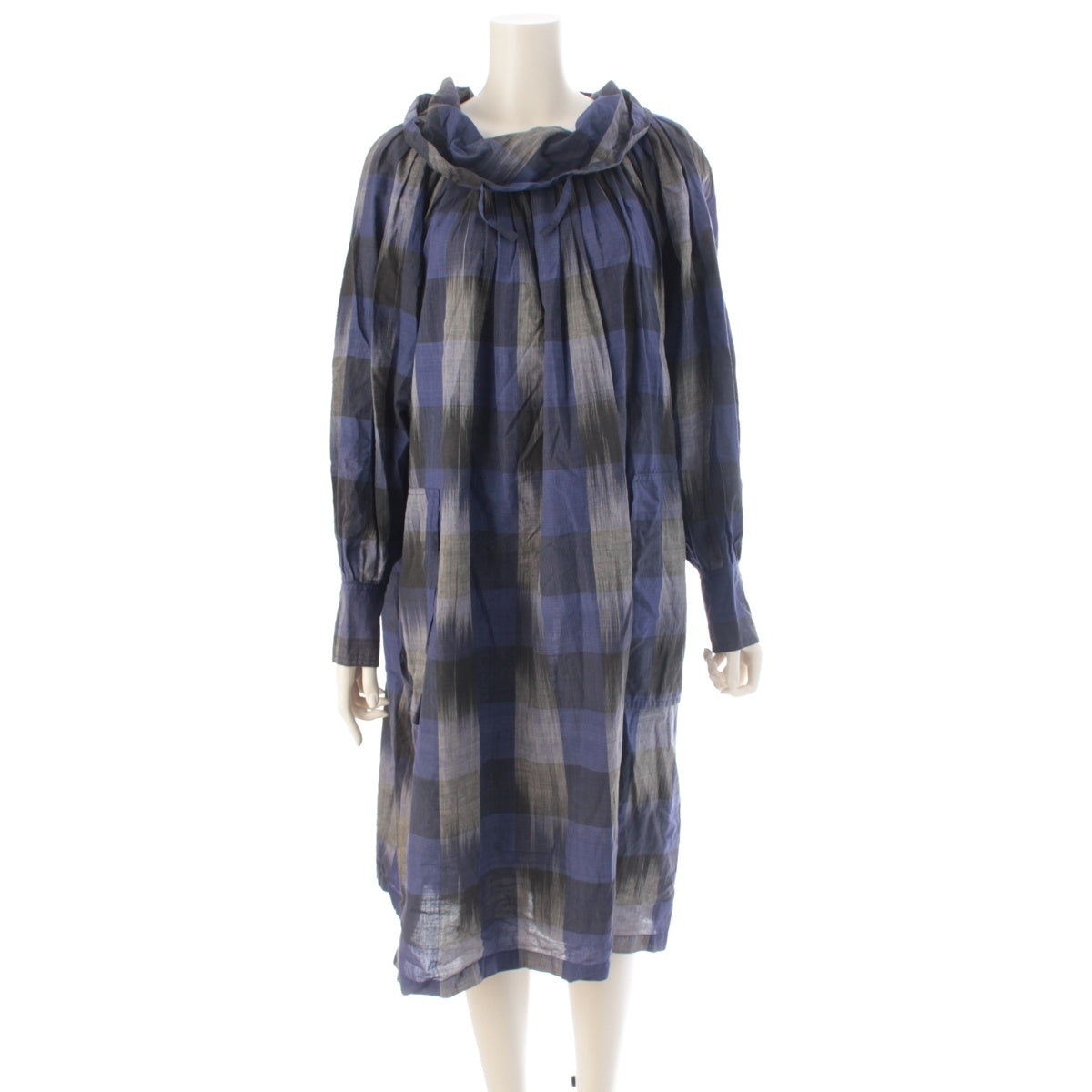 ISSEY MIYAKE Sports cotton Kasuri (ikat) high-neck modified style one piece dress Purple black white 9