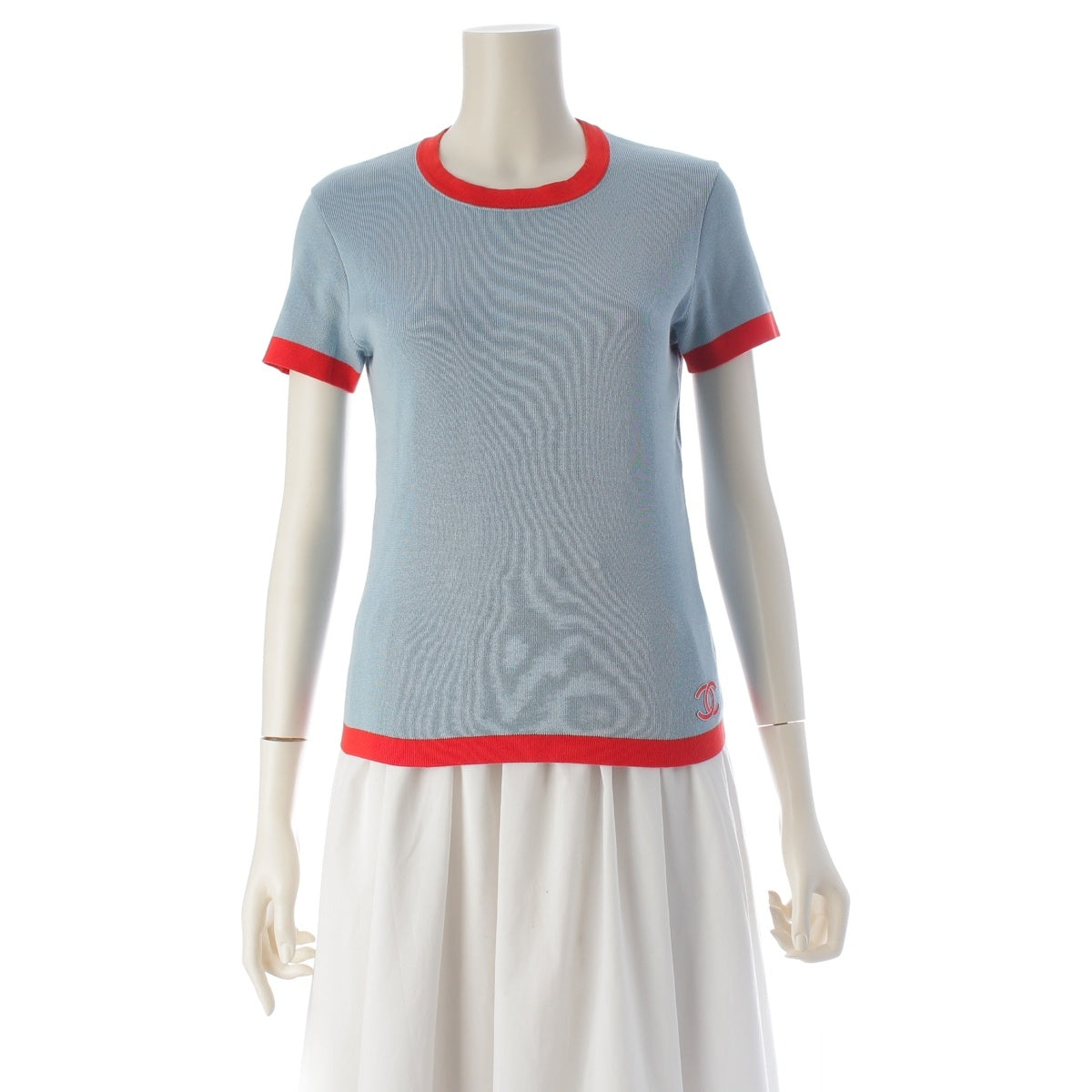 CHANEL cotton COCO Mark Ringer Knit Cut tops P19521 Blue Red 42