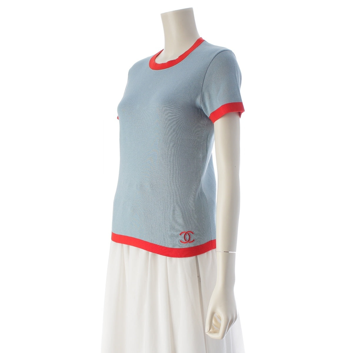 CHANEL cotton COCO Mark Ringer Knit Cut tops P19521 Blue Red 42