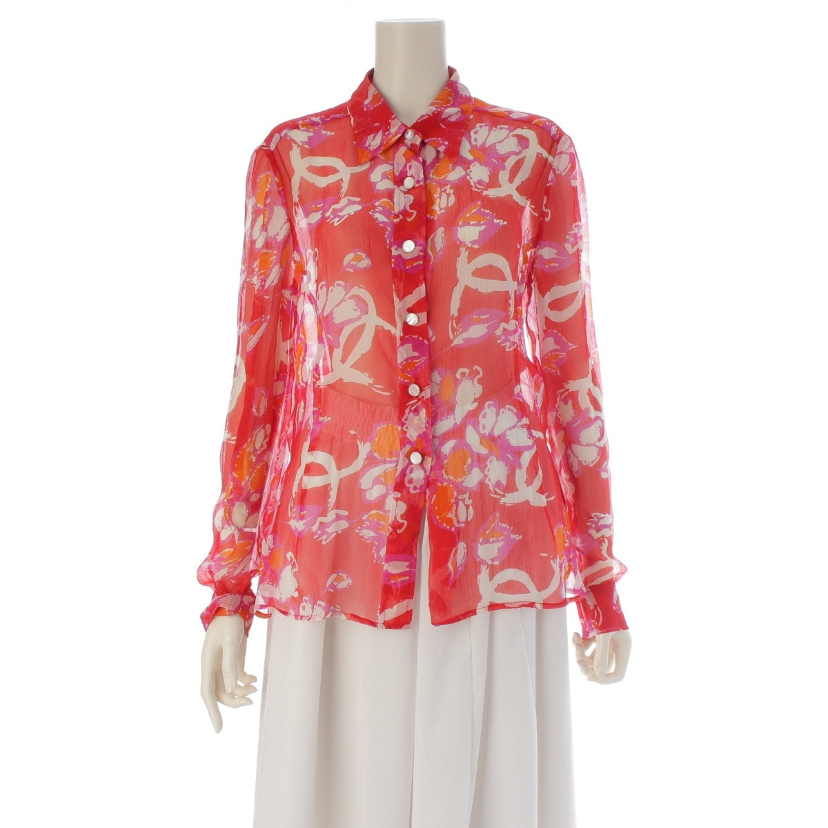 CHANEL silk 01S COCO Mark COCO Button All-over Print Shirt blouse tops P17914 Red 40