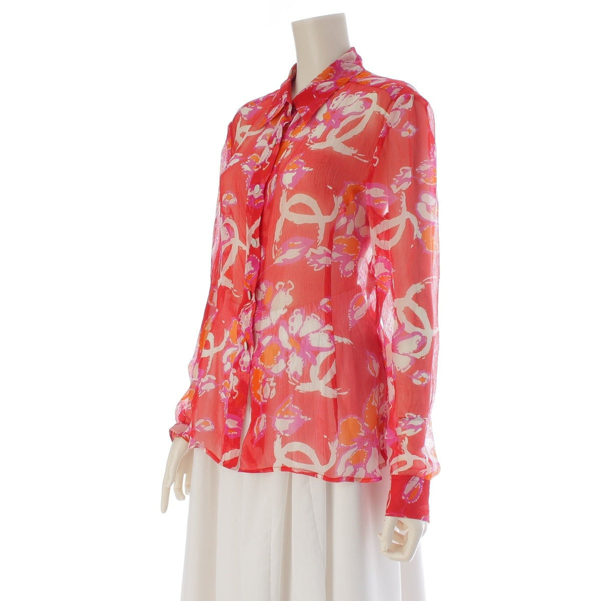 CHANEL silk 01S COCO Mark COCO Button All-over Print Shirt blouse tops P17914 Red 40