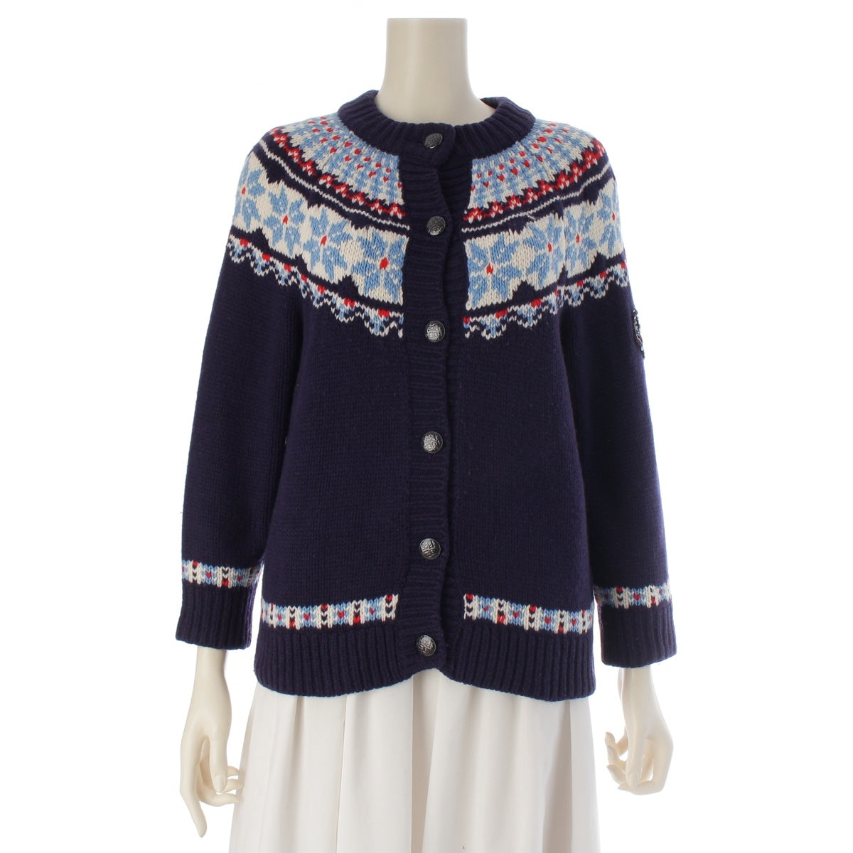 CHANEL COCO NEIGE wool Knit Nordic all-over pattern cardigan P59762K07806 Navy white MF168 38