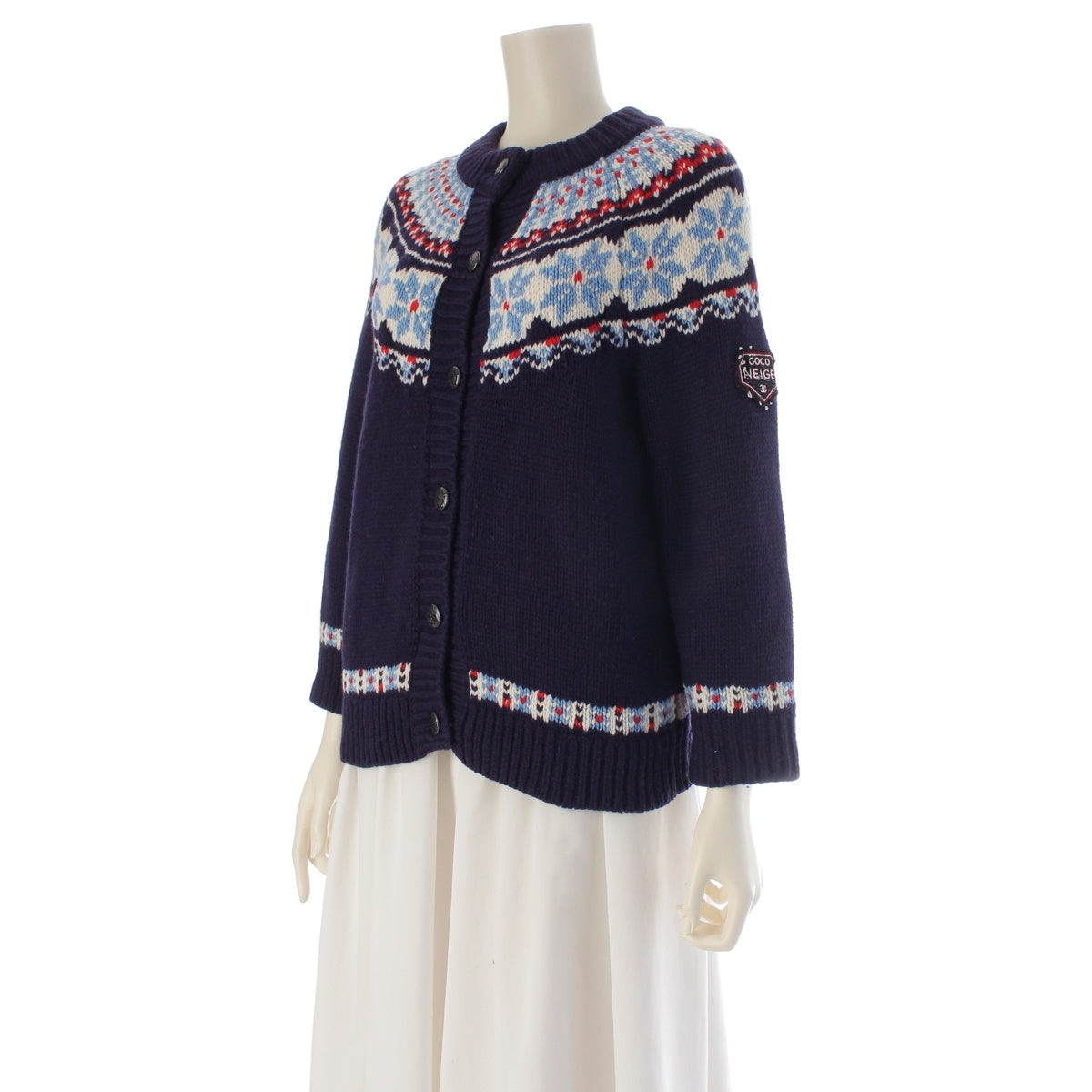 CHANEL COCO NEIGE wool Knit Nordic all-over pattern cardigan P59762K07806 Navy white MF168 38