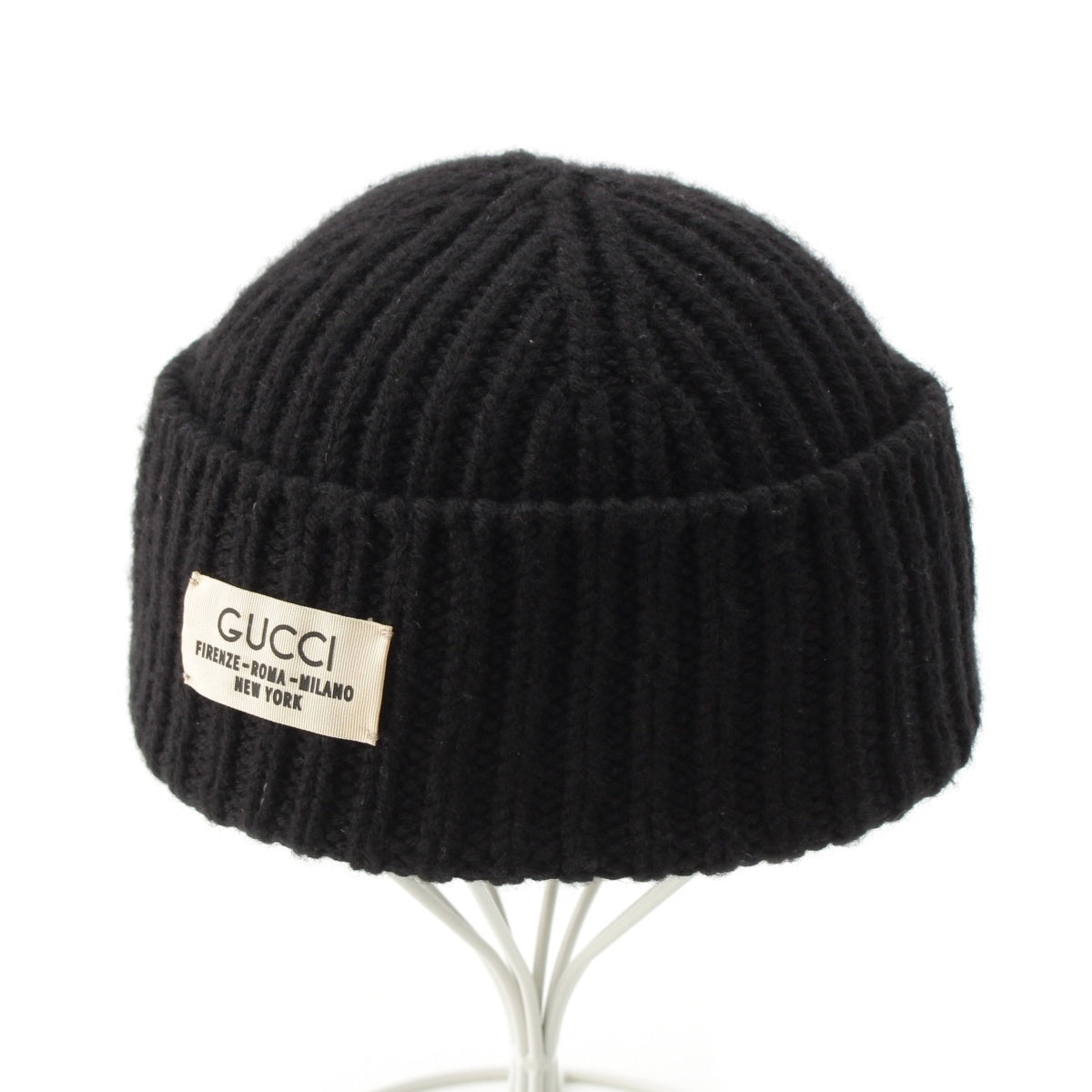 GUCCI wool Logo print label ribbed knit cap hat 759059 black M