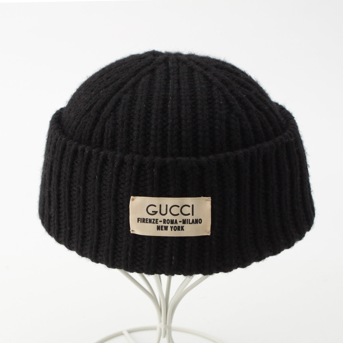 GUCCI wool Logo print label ribbed knit cap hat 759059 black M
