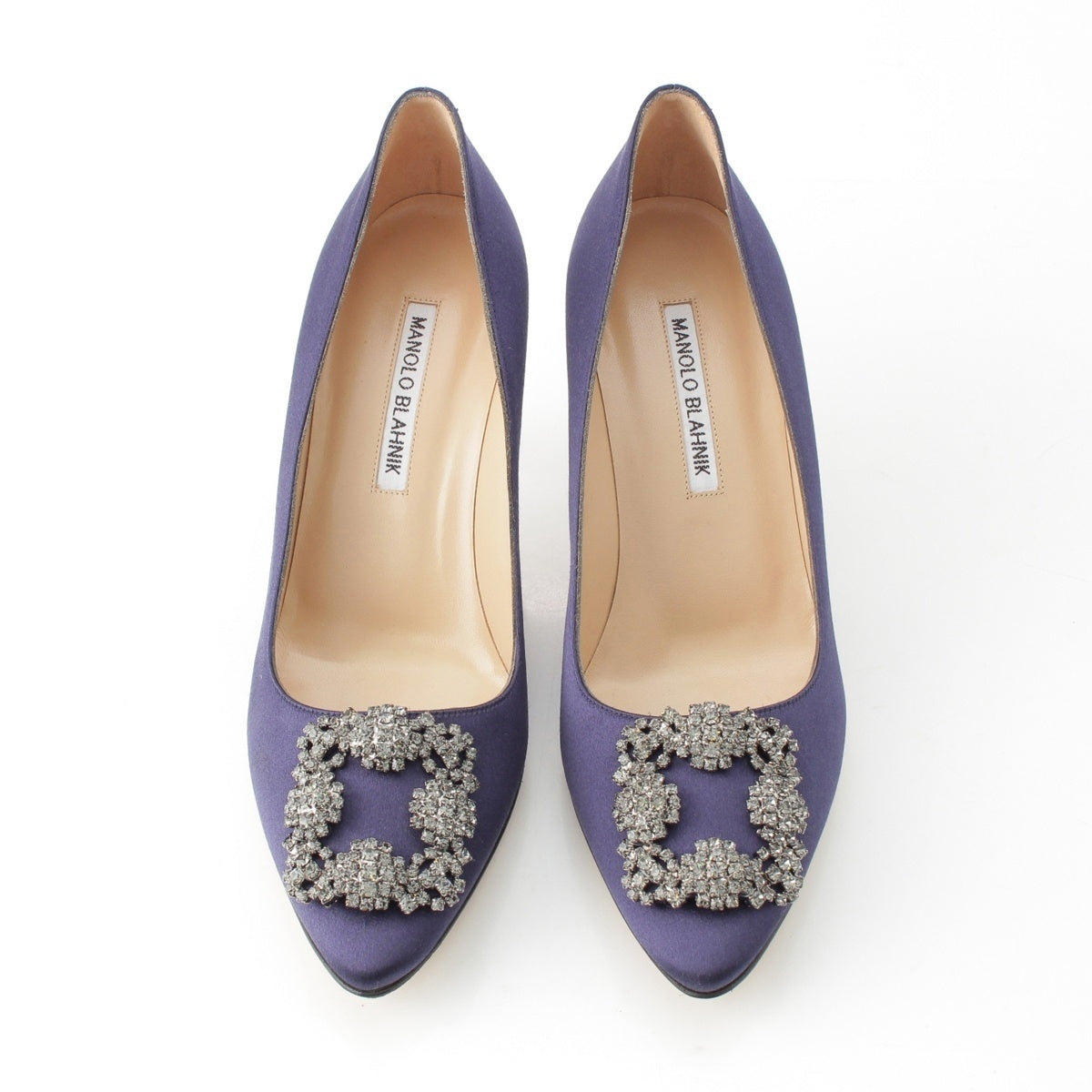 MANOLO BLAHNIK Hangisi Satin crystal heels pumps Navy 37 1/2