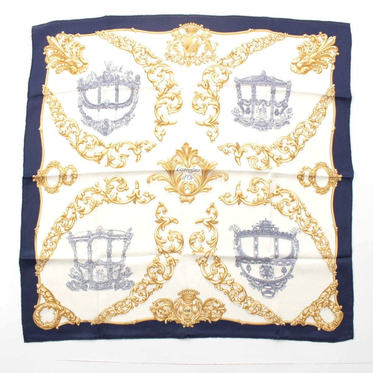 HERMES Carre 70 silk carrosses d'Or (golden carriages) scarf White x navy 70