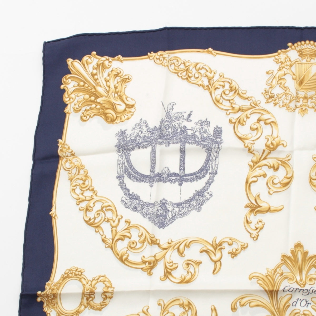HERMES Carre 70 silk carrosses d'Or (golden carriages) scarf White x navy 70