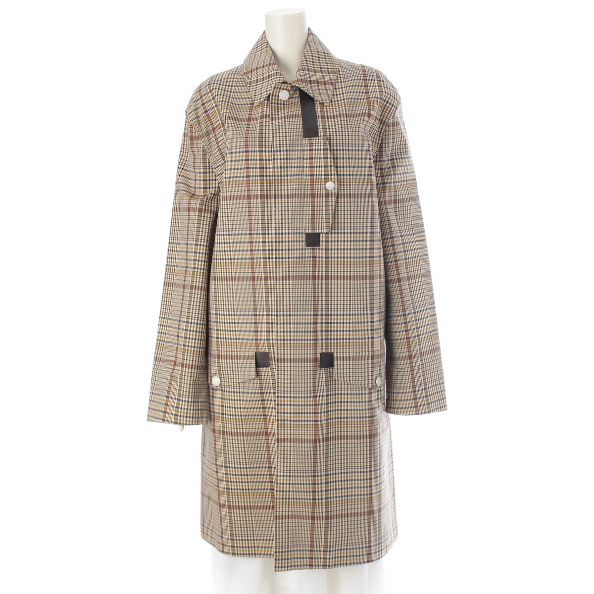 HERMES Wool leather Serie Button Check Pattern Stainless collar coat Beige brown 48