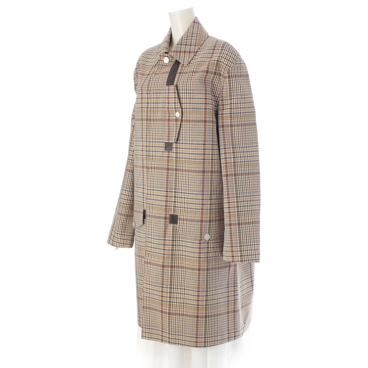 HERMES Wool leather Serie Button Check Pattern Stainless collar coat Beige brown 48