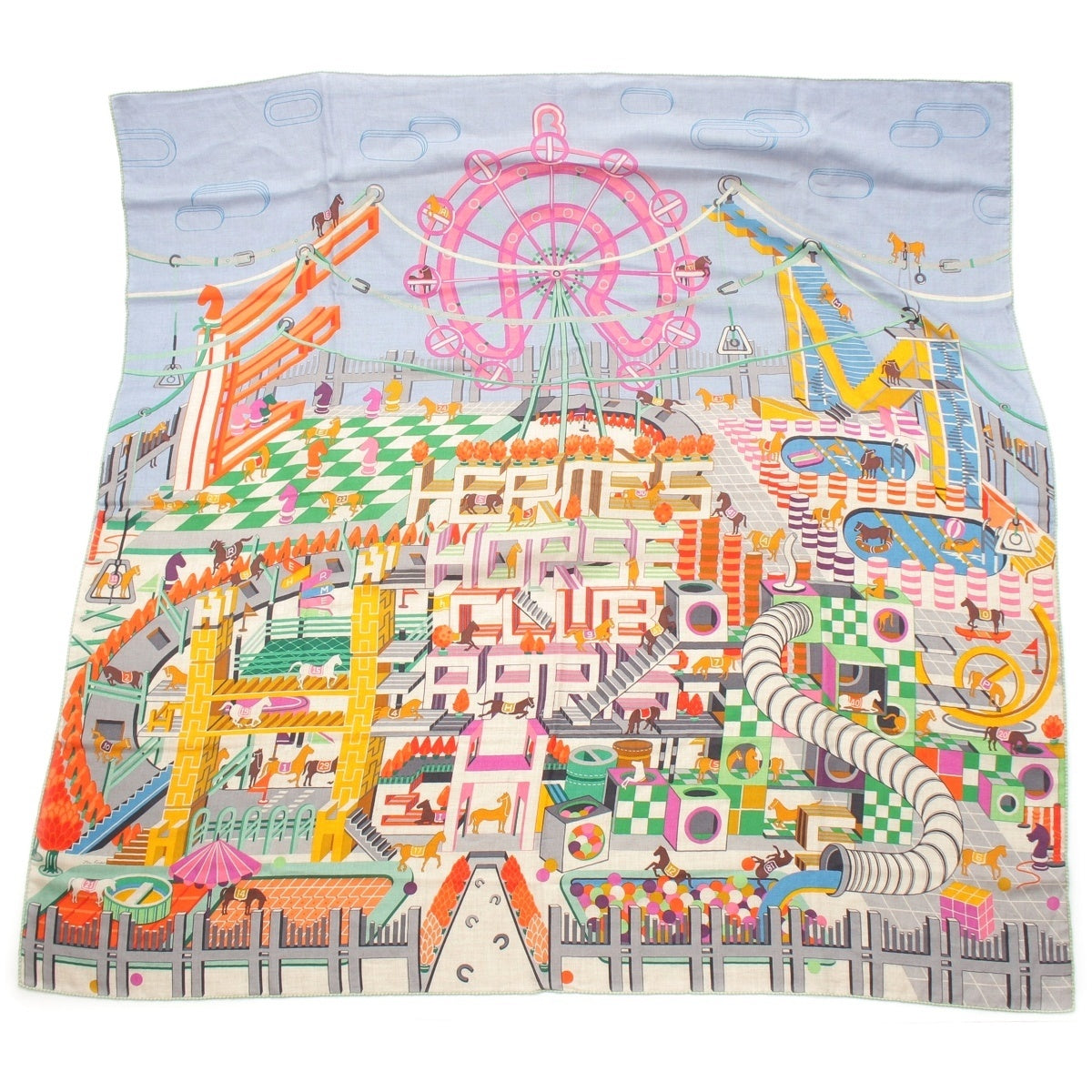 HERMES Carrégean HORSE CLUB cashmere silk Large format scarf multicolor