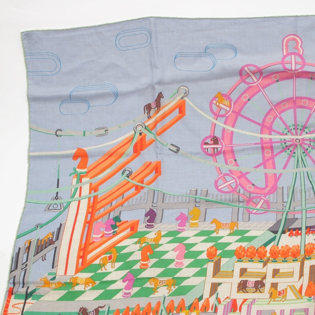 HERMES Carrégean HORSE CLUB cashmere silk Large format scarf multicolor