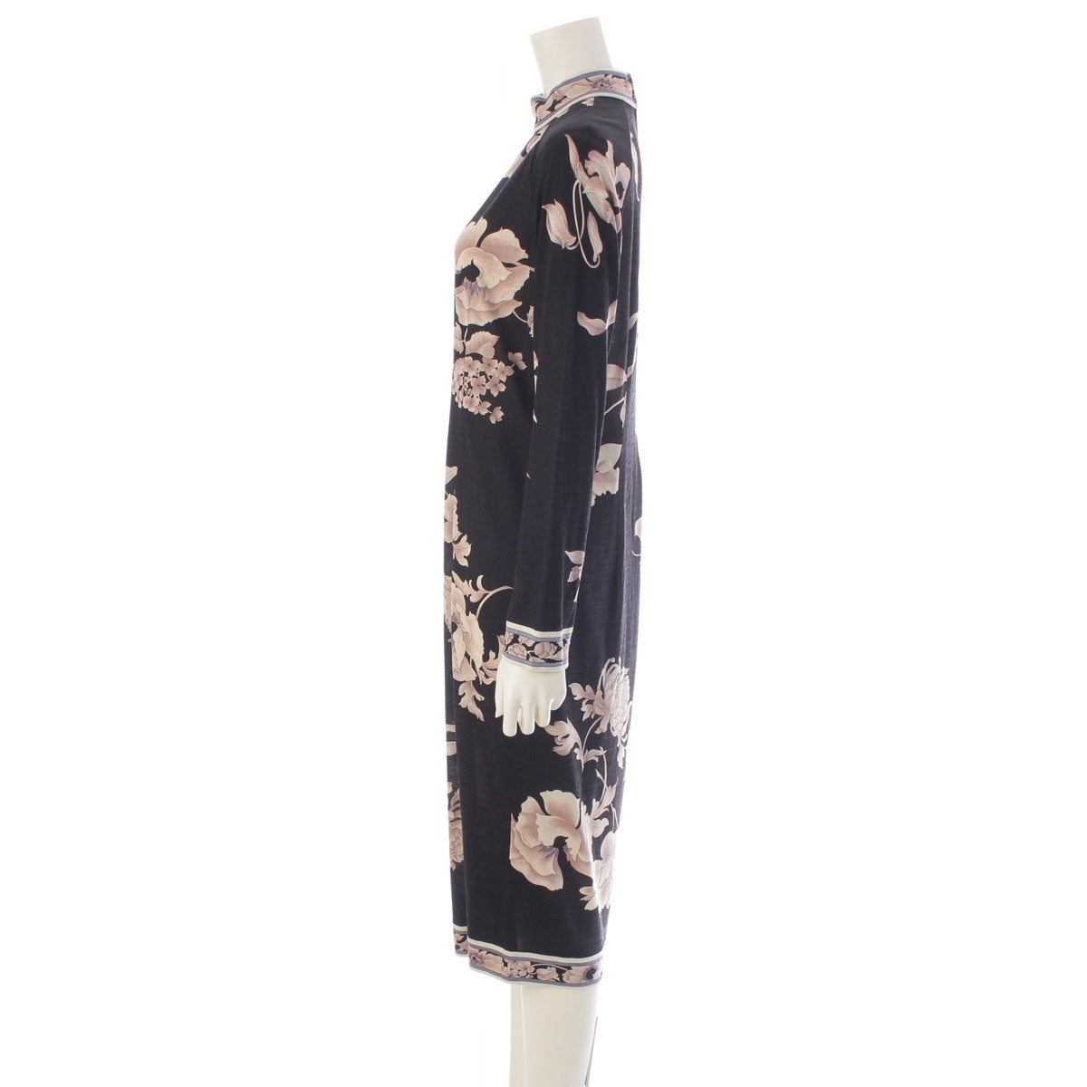 LEONARD Wool silk Sheer back-zip crew neck floral print one piece dress 0340102 black L