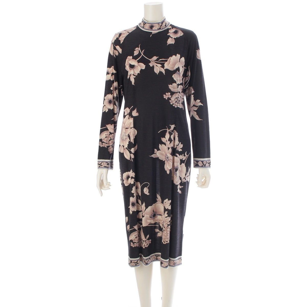 LEONARD Wool silk Sheer back-zip crew neck floral print one piece dress 0340102 black L