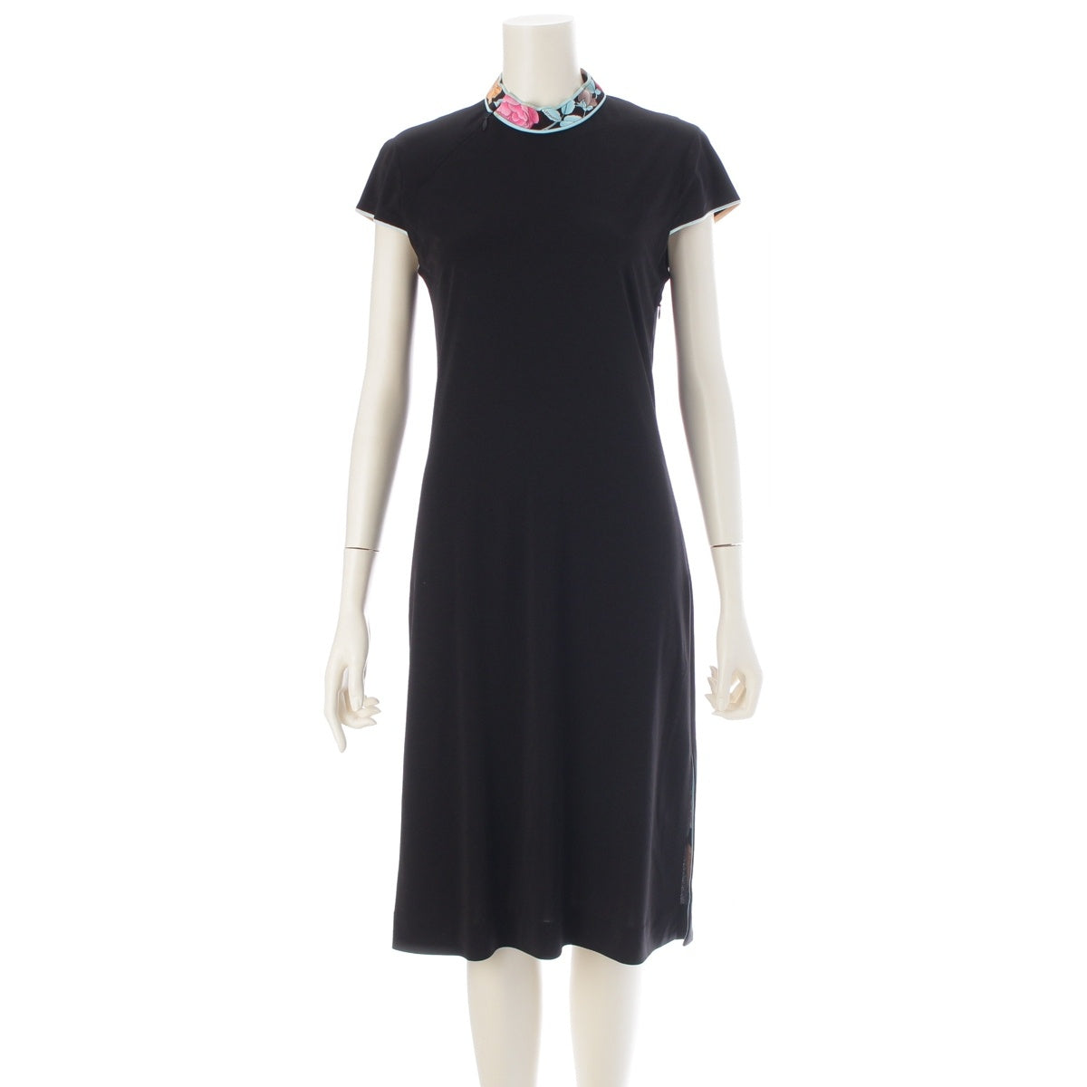 LEONARD Cancan material Trim Pattern Switching French Sleeve Crew Neck one piece dress 0130552 black M