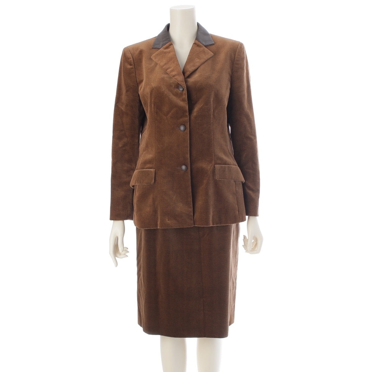 LANVIN leather Collection Herringbone Patchwork Skirt setup Brown 40