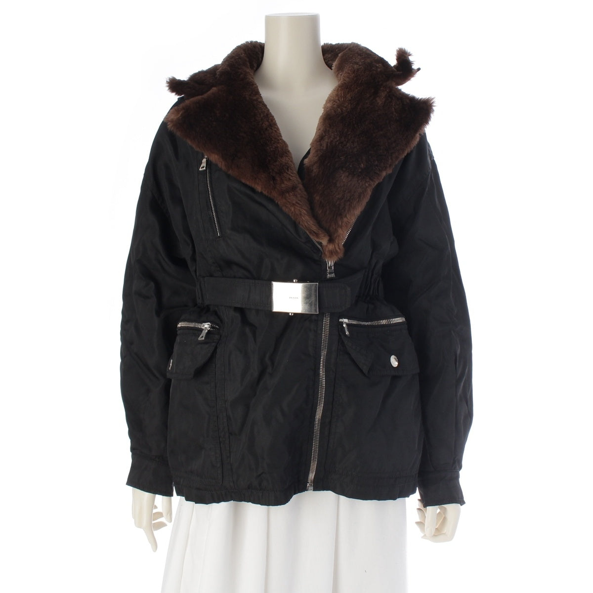 PRADA Belt logo beaver fur Jacket Padded liner black S