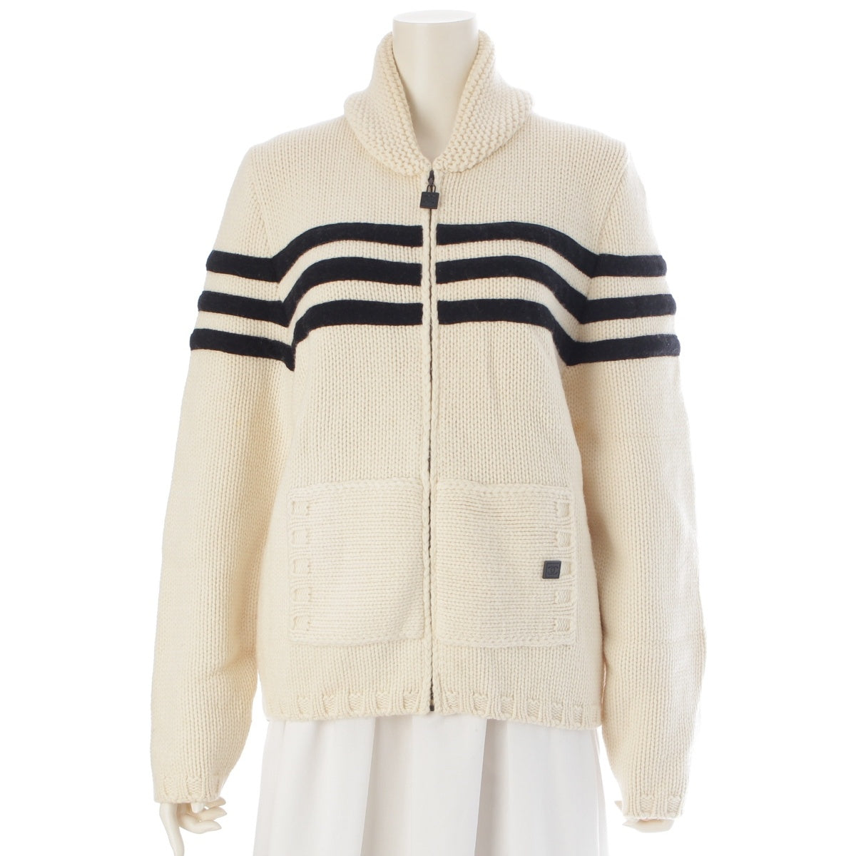 CHANEL Wool x cashmere Sports Border Zip-Up knit P29257 Ivory 40