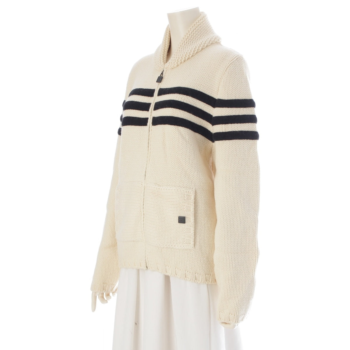 CHANEL Wool x cashmere Sports Border Zip-Up knit P29257 Ivory 40