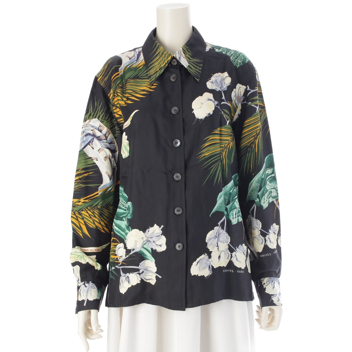 HERMES silk All-over print twill fabric TURBANS DES REINES Princess Turban Long sleeve shirt tops Green black 44