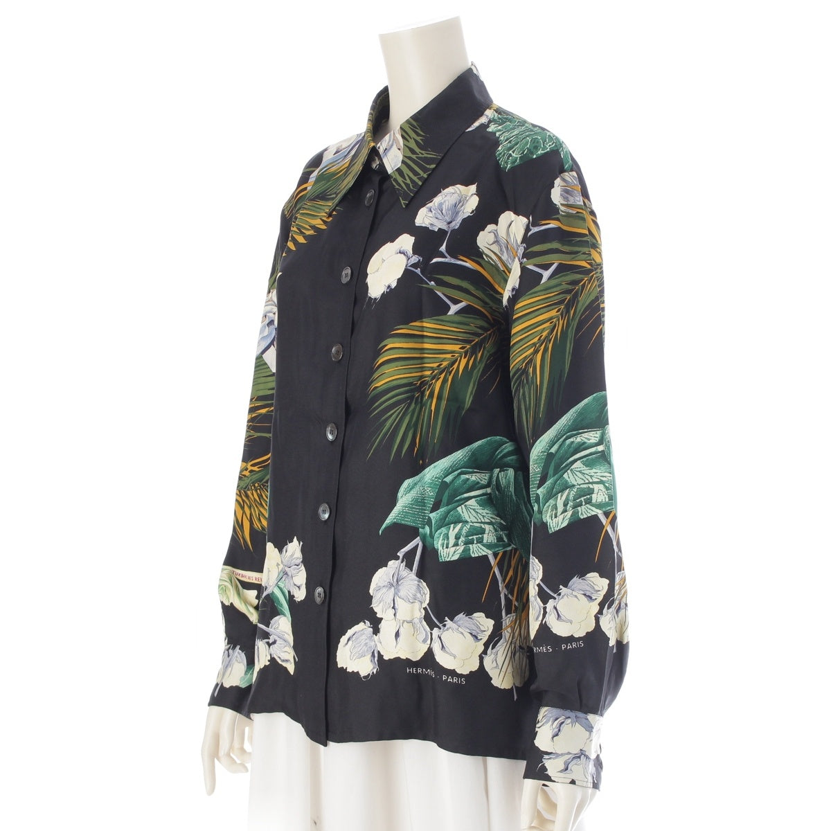 HERMES silk All-over print twill fabric TURBANS DES REINES Princess Turban Long sleeve shirt tops Green black 44