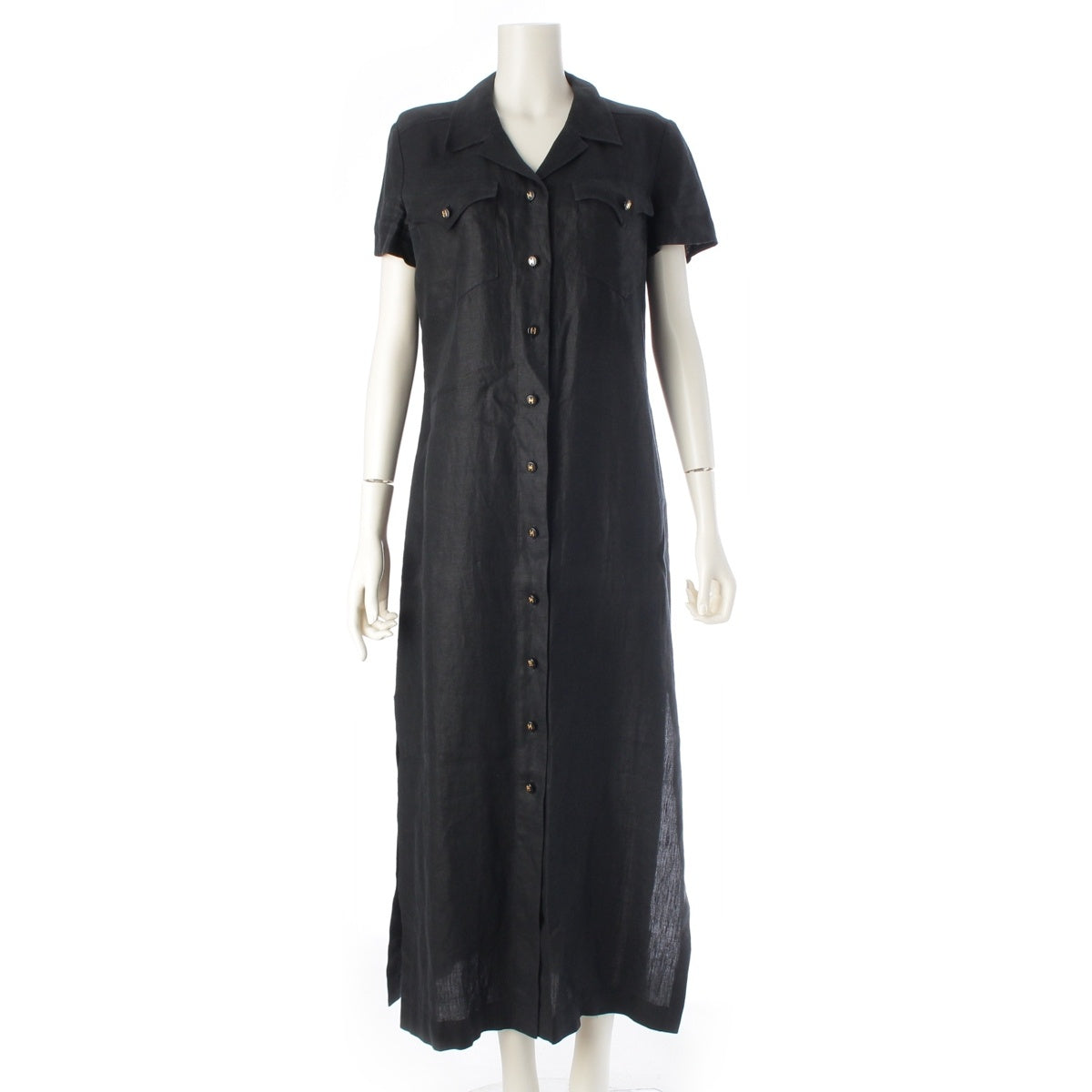 CHANEL linen COCO Button Long Shirt one piece Short sleeve P07309 black 42