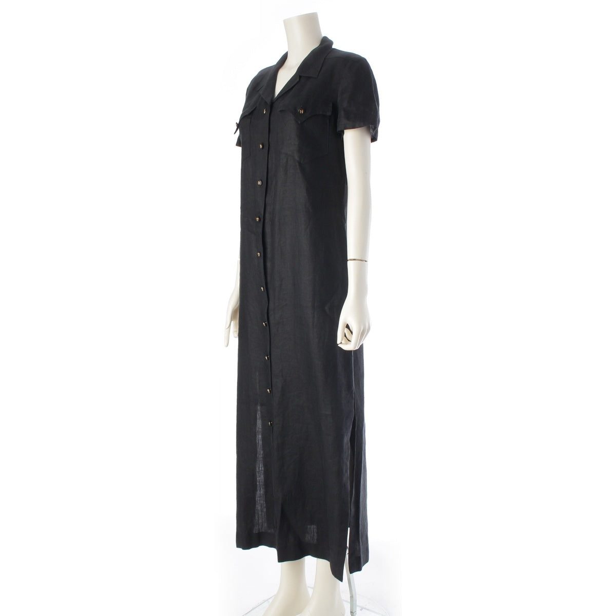 CHANEL linen COCO Button Long Shirt one piece Short sleeve P07309 black 42