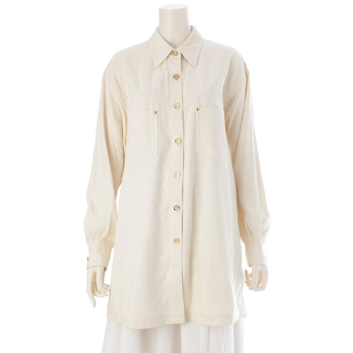 LEONARD silk Gold buttons, stitching, oversized fit Long sleeve shirt Ivory beige 9R