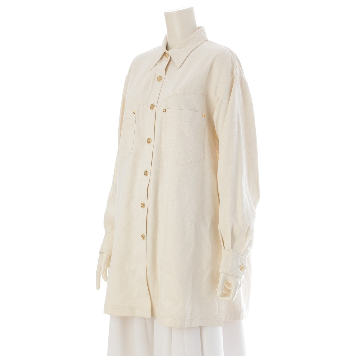 LEONARD silk Gold buttons, stitching, oversized fit Long sleeve shirt Ivory beige 9R