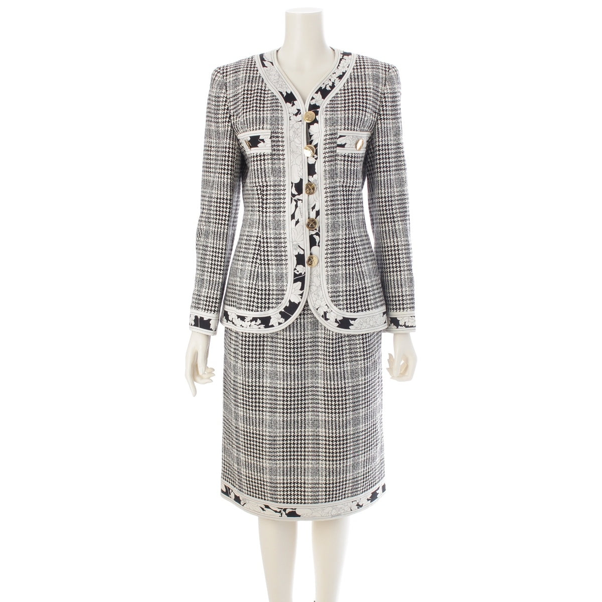 LEONARD Silk wool Gold buttons, piping design, houndstooth pattern Skirt setup White black 94R
