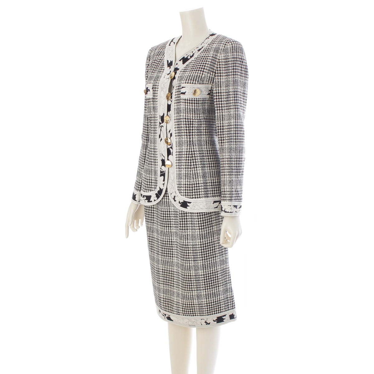 LEONARD Silk wool Gold buttons, piping design, houndstooth pattern Skirt setup White black 94R
