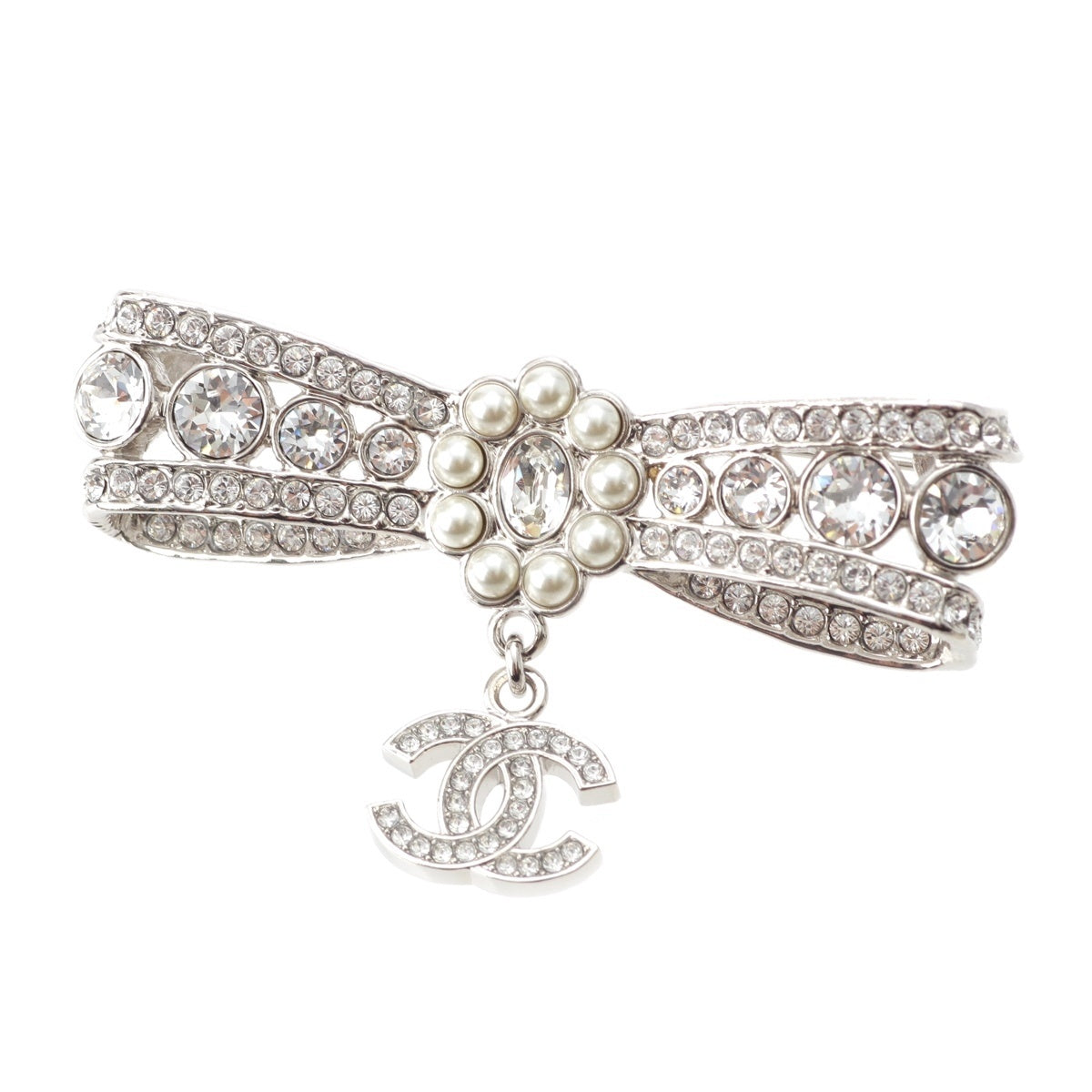 CHANEL COCO Mark Rhinestone Ribbon Pearl Brooch Accessories Silver