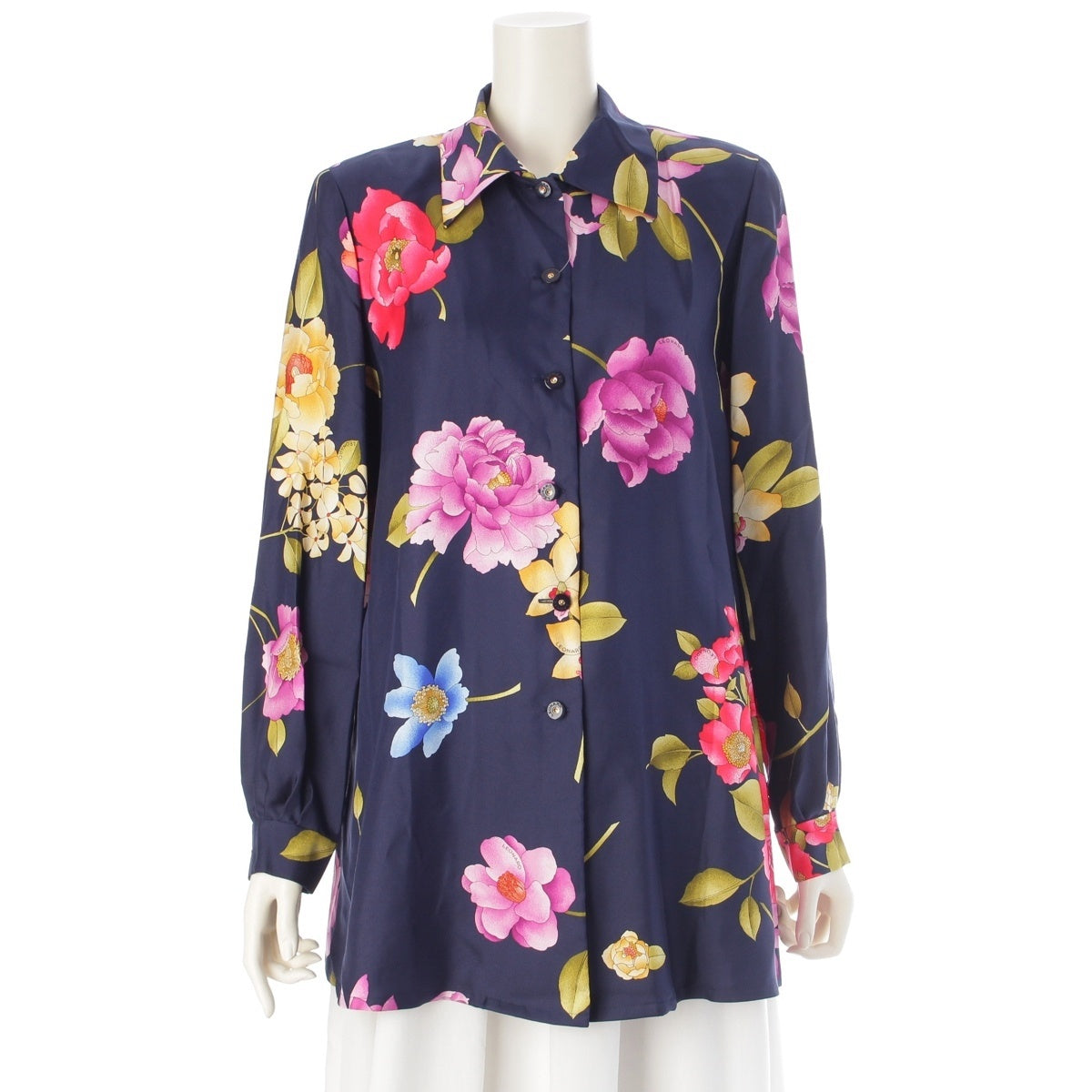 LEONARD silk Floral Long sleeve shirt blouse tops Navy 9R