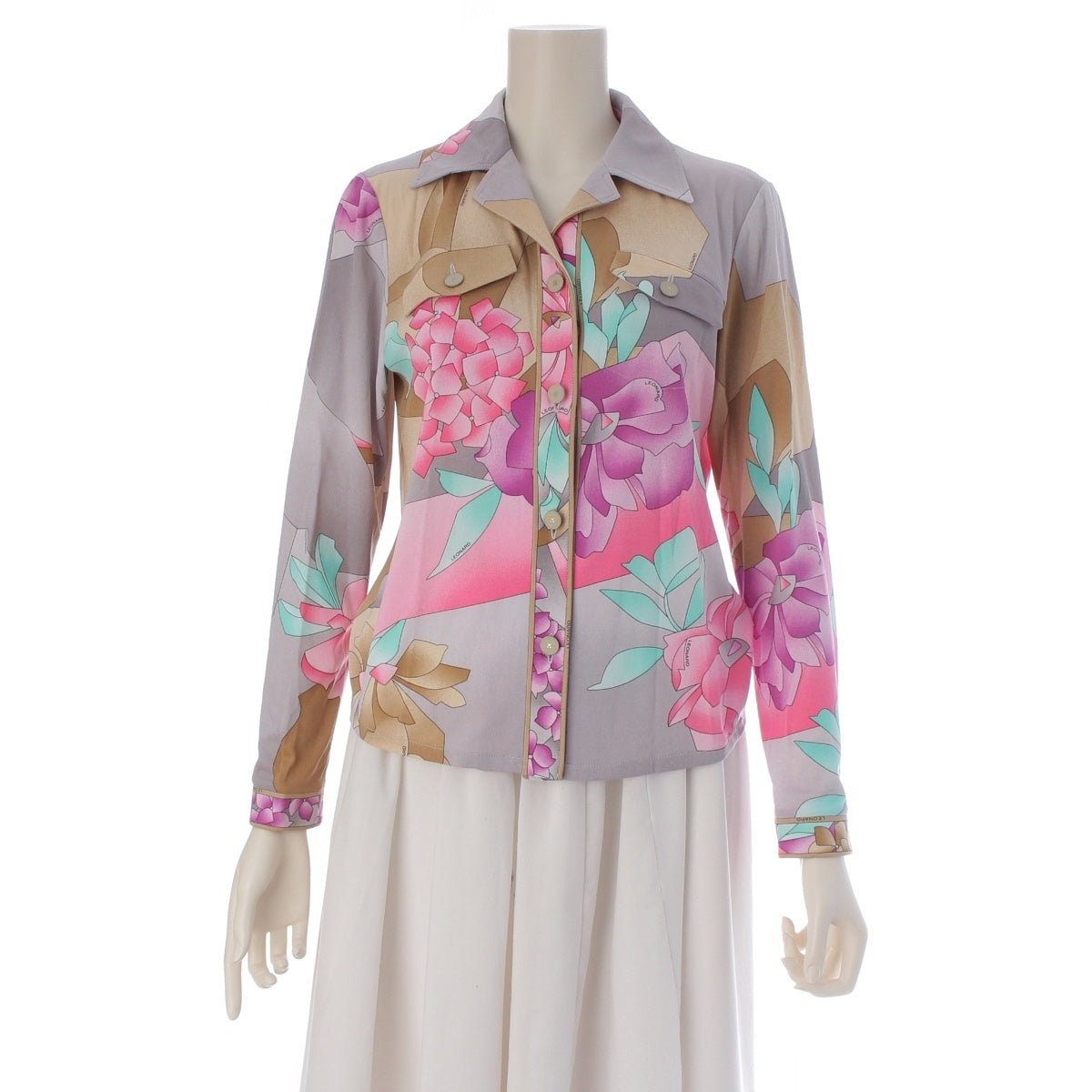 LEONARD Cancan material Floral open collar blouse Shirt tops 0159501 gray M