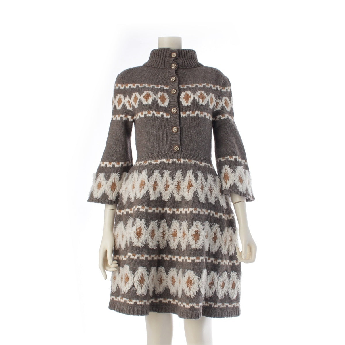 CHANEL Wool, Yak, Cashmere, Silk Flared Sleeve Knit Dress one piece High neck P62588 Gray brown 34
