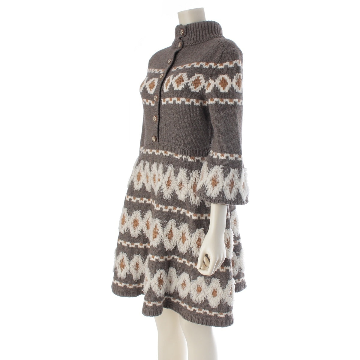 CHANEL Wool, Yak, Cashmere, Silk Flared Sleeve Knit Dress one piece High neck P62588 Gray brown 34