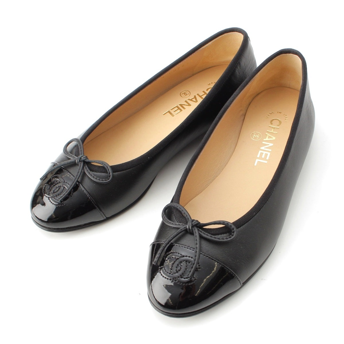CHANEL leather Logo Ballerina Flats pumps ribbon G02819 black 37C
