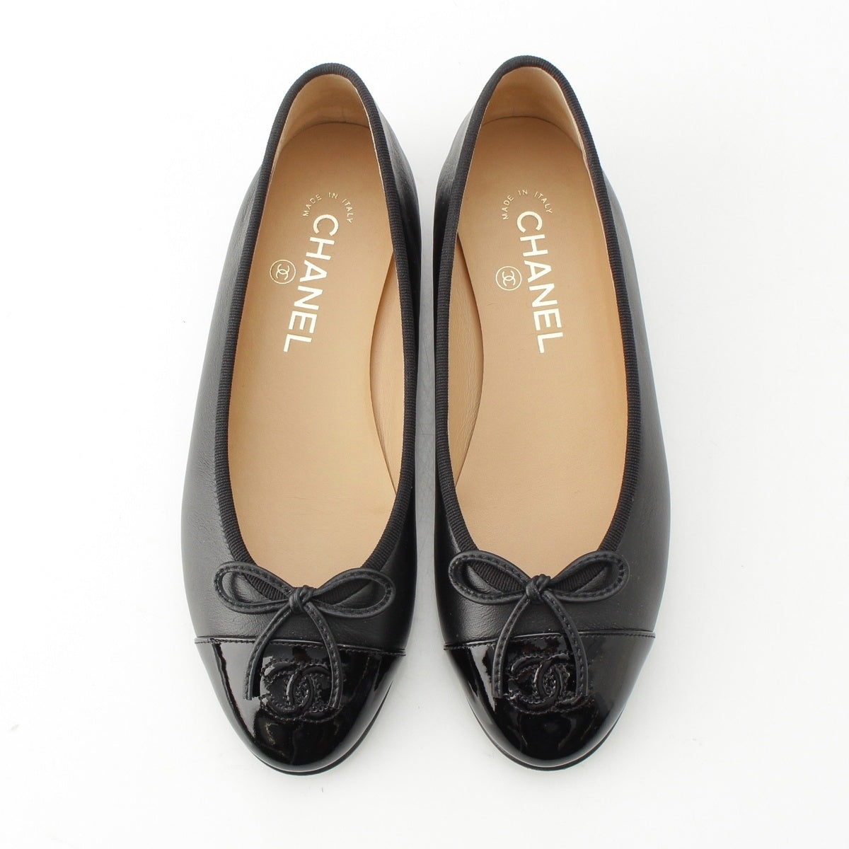 CHANEL leather Logo Ballerina Flats pumps ribbon G02819 black 37C