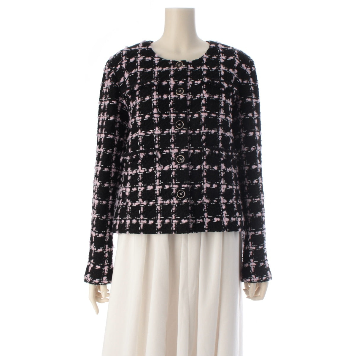CHANEL 25B Tweed Collarless Jacket P80405 Black pink 42