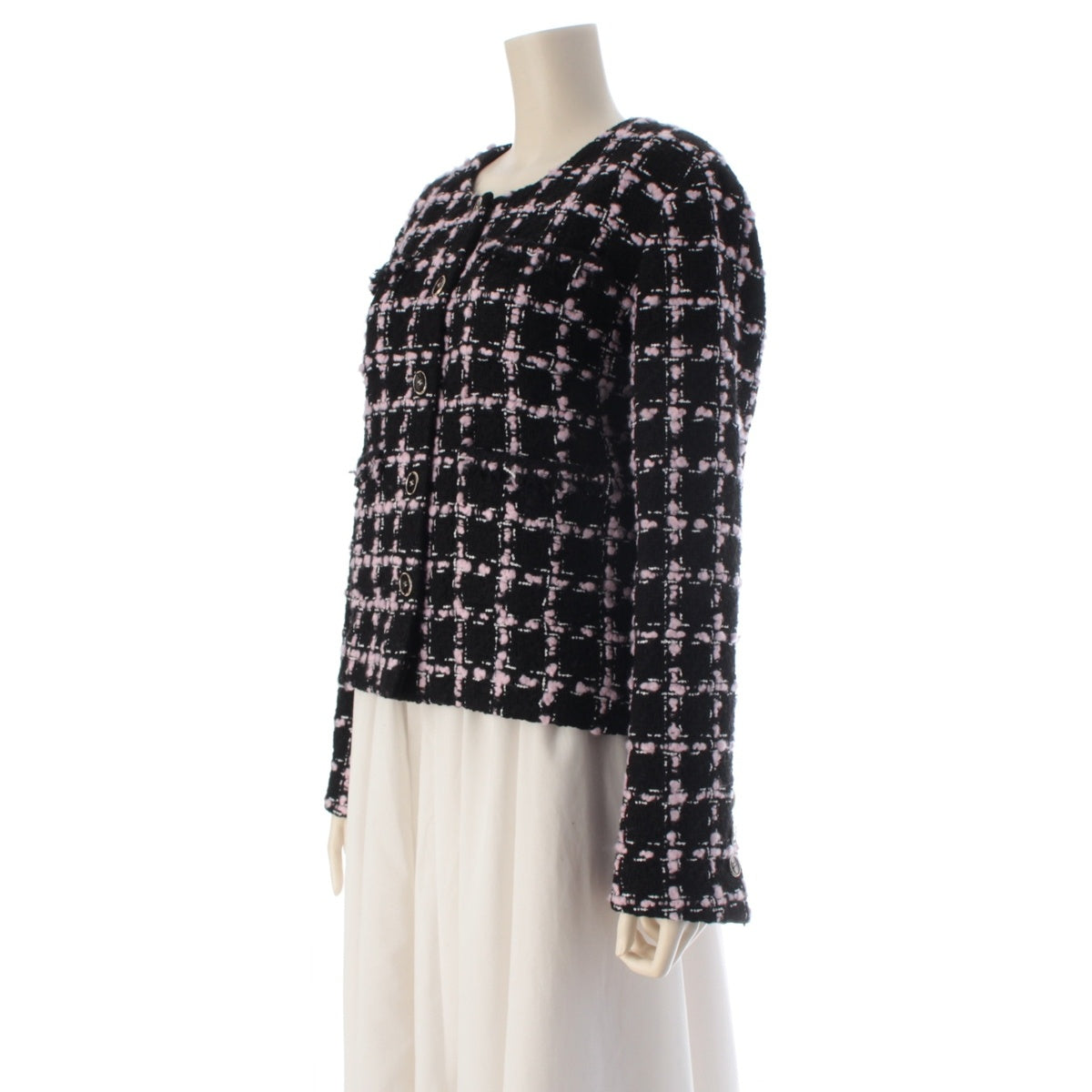 CHANEL 25B Tweed Collarless Jacket P80405 Black pink 42