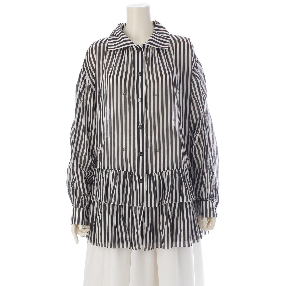 CHANEL cotton COCO Mark Beaded Stripe Shirt Blouse Tunic P76212 Black x white 38