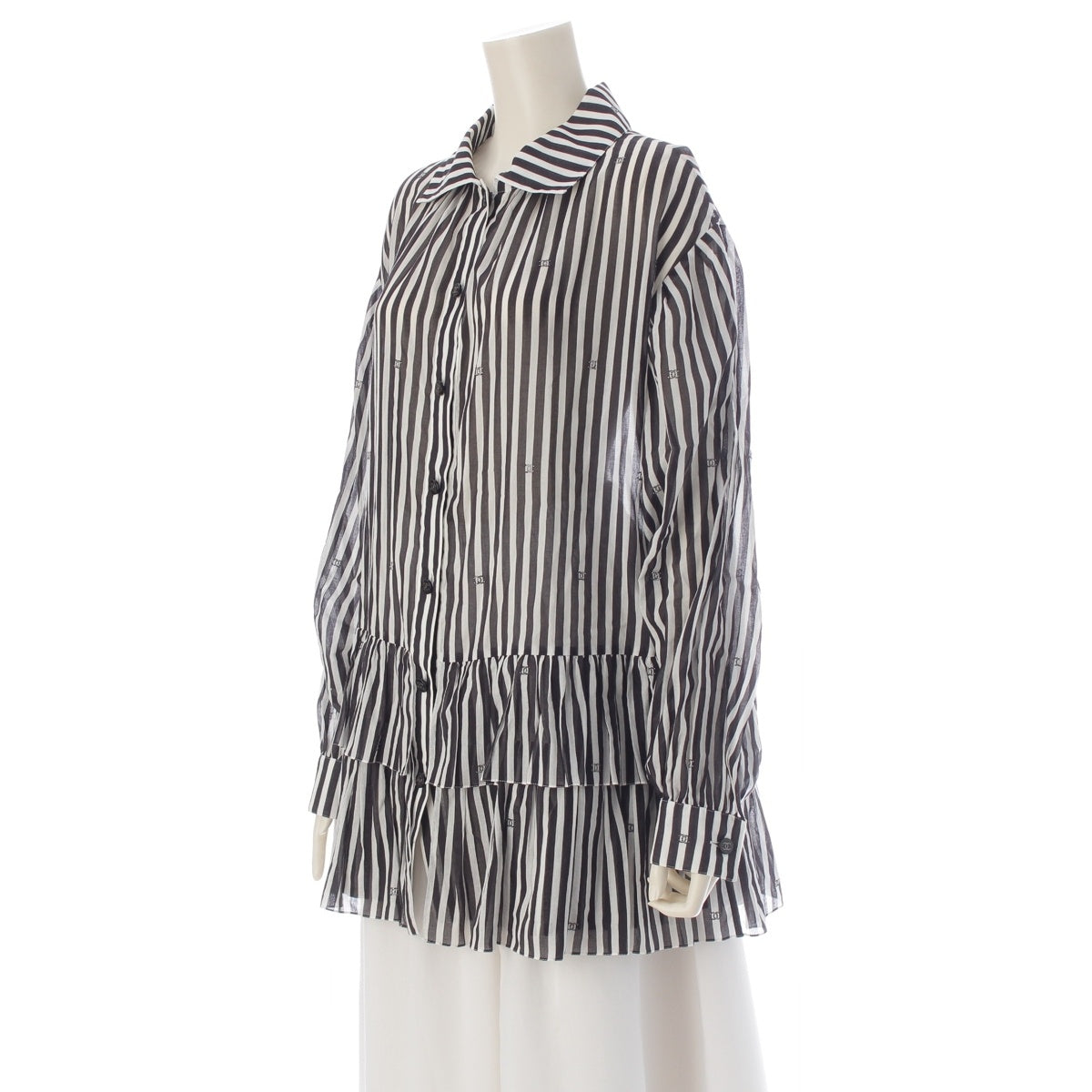 CHANEL cotton COCO Mark Beaded Stripe Shirt Blouse Tunic P76212 Black x white 38