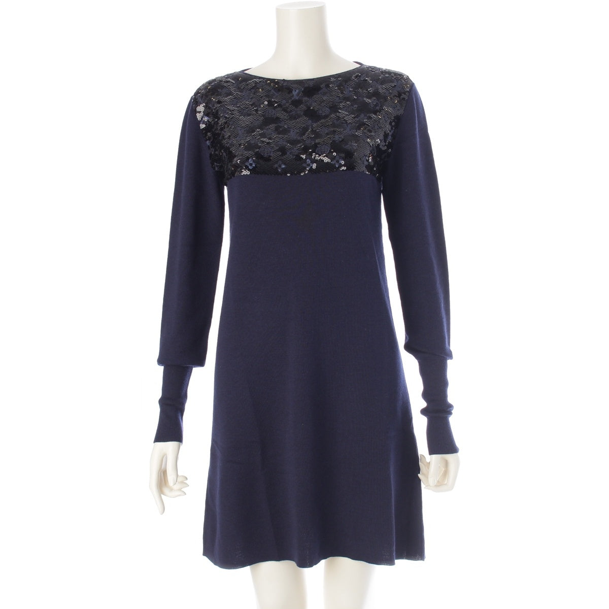 LOUIS VUITTON Wool Cashmere Silk Knit sequins one piece dress Navy XS