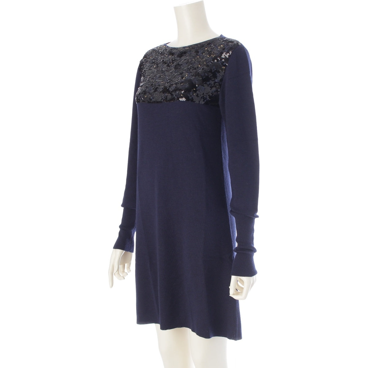 LOUIS VUITTON Wool Cashmere Silk Knit sequins one piece dress Navy XS