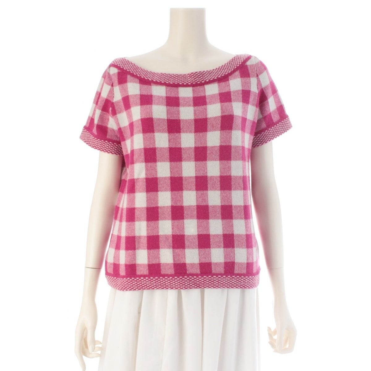 CHANEL cashmere COCO Mark Check Pattern Short Sleeve knit tops P40297 pink 42