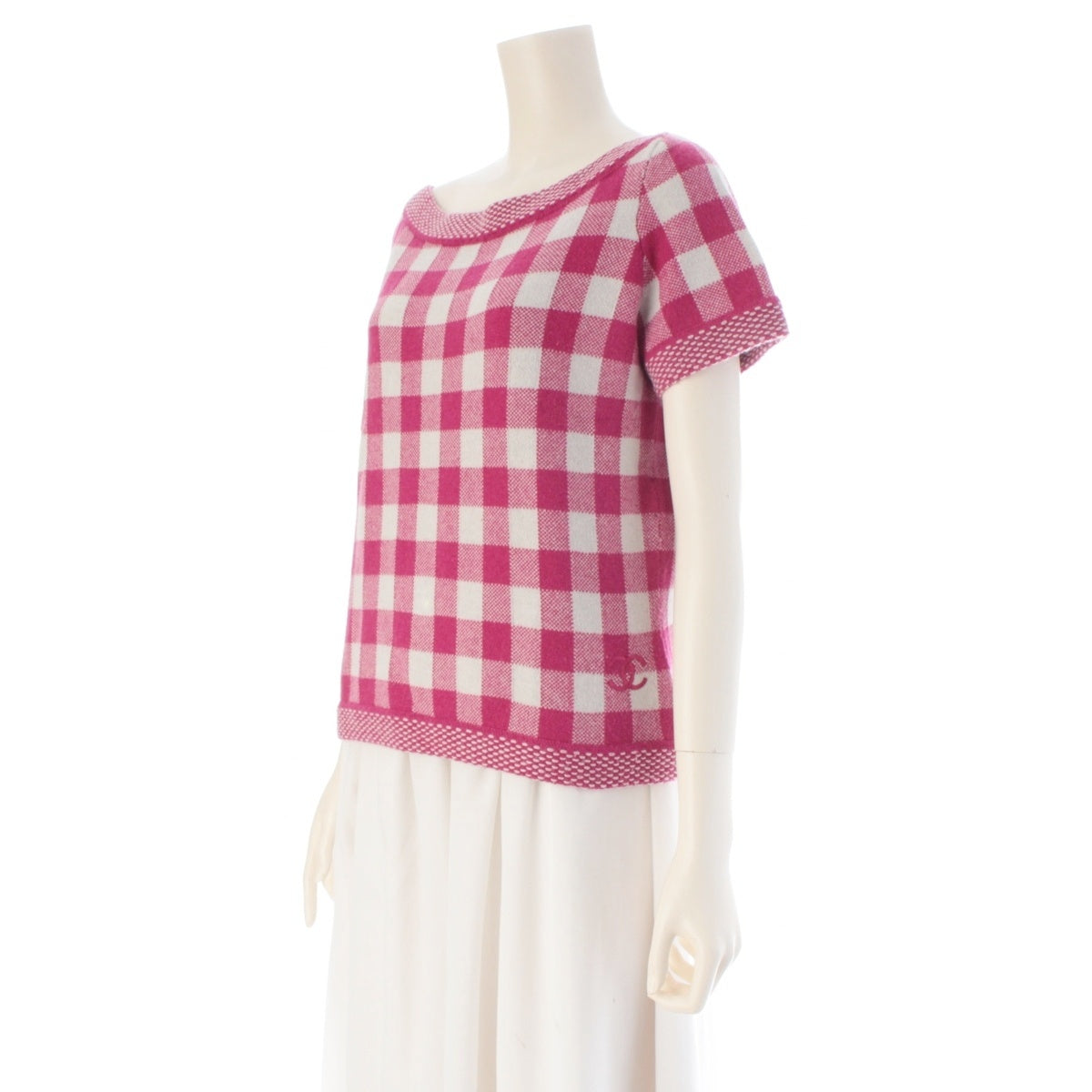 CHANEL cashmere COCO Mark Check Pattern Short Sleeve knit tops P40297 pink 42