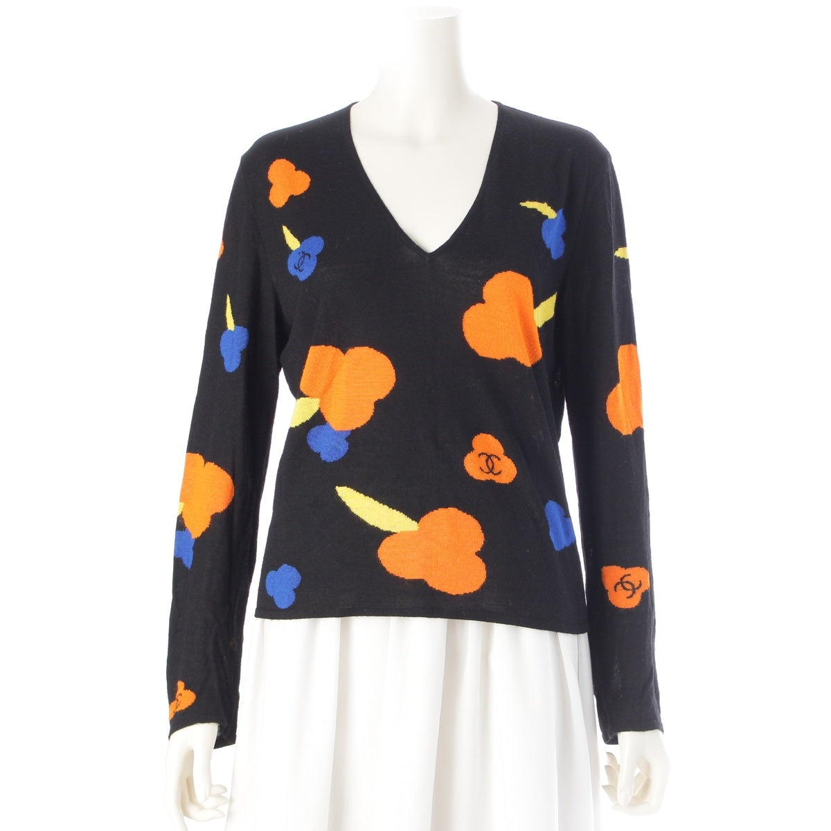 CHANEL Rayon x silk COCO Mark total pattern knit tops P15481 black orange 42