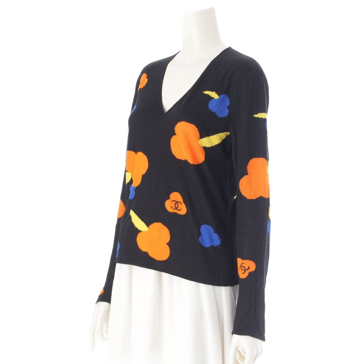 CHANEL Rayon x silk COCO Mark total pattern knit tops P15481 black orange 42