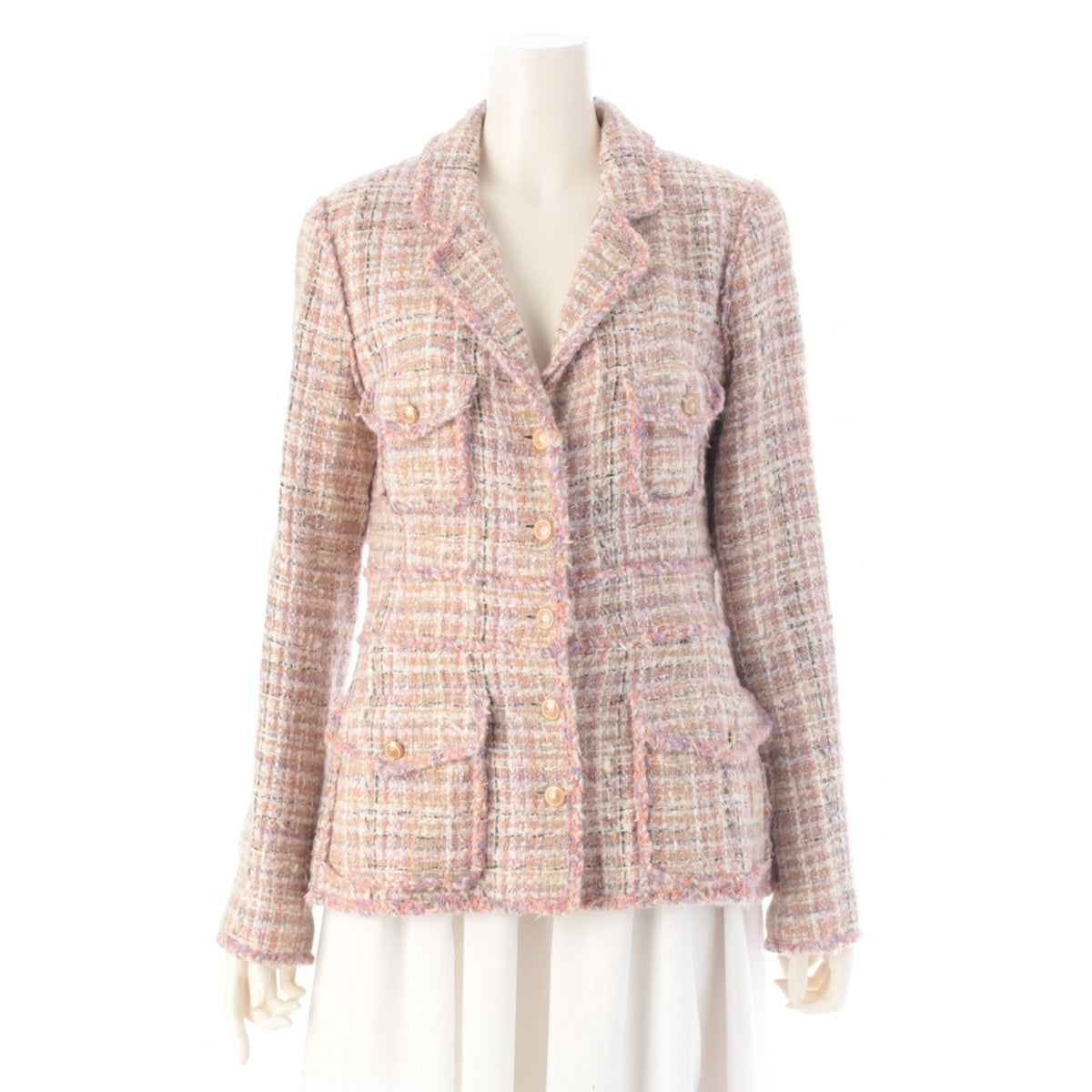 CHANEL wool COCO Button Tweed 4-Pocket Jacket tailored jacket P30010 Pink x Beige 40