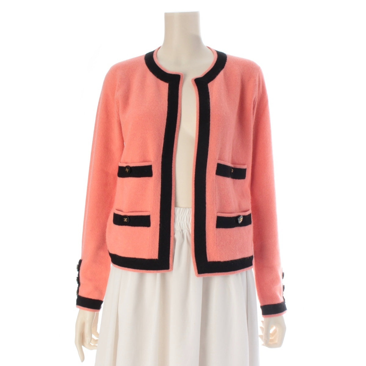 CHANEL cashmere COCO Button knit cardigan P04464 Pink x Black 38